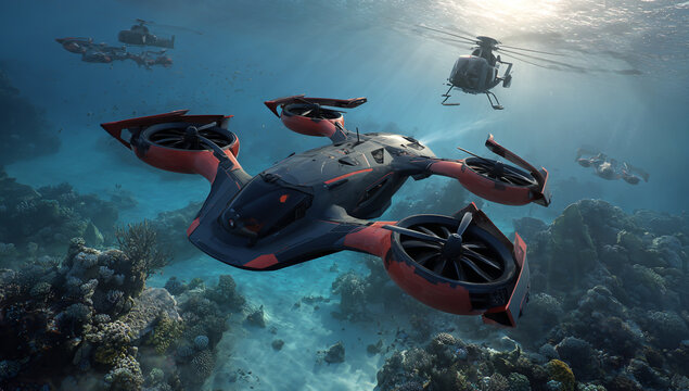 Adventurous diver explores vibrant coral reef using underwater scooter for thrilling exploration