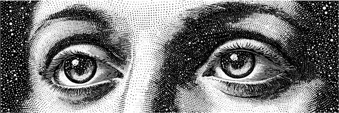 Stippling dotwork illustration of a face with vintage halftone effect for artistic design