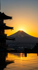 Mount Fuji Sunset with Japanese Pagoda Silhouette, Cinematic HDR View