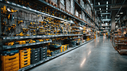 Shelves with various tools in a construction supermarket, organized rows of hammers, screwdrivers, drills, and toolboxes under bright lighting, modern hardware store interior.