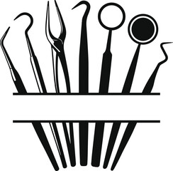 Dental Instruments Silhouette Collection, orthodontic, dental implant tools svg, dental mirror, probe, college tweezer, dental scaler icons