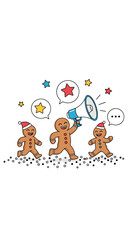 Naklejka premium Joyful gingerbread characters marching with megaphone and festive stars celebrating holiday season together