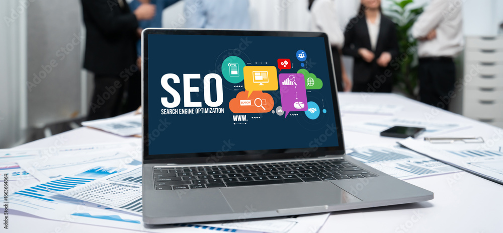 Poster seo search engine optimization for brisk e-commerce and online retail business showing on computer s