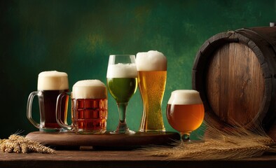 Assorted beers in glasses, wooden barrel
