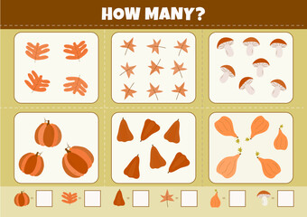 How Many Activity Page with Autumn Leaves, Pumpkin, Mushrooms