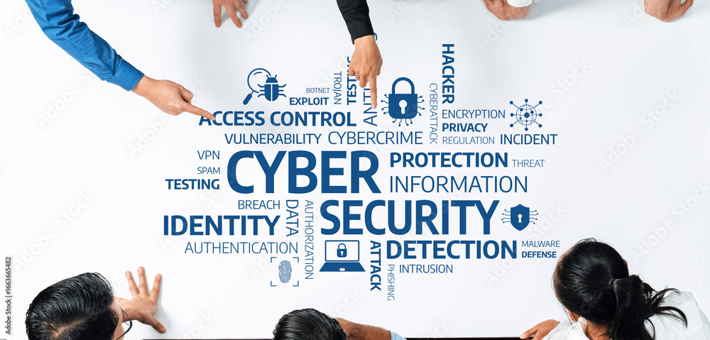 Aufkleber a diverse team collaborates around a table covered with keywords related to cyber security. the focu
