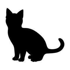 Silhouette of a black cat sitting and looking alert on white background