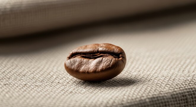 Close-up of single coffee bean on textured fabric surface