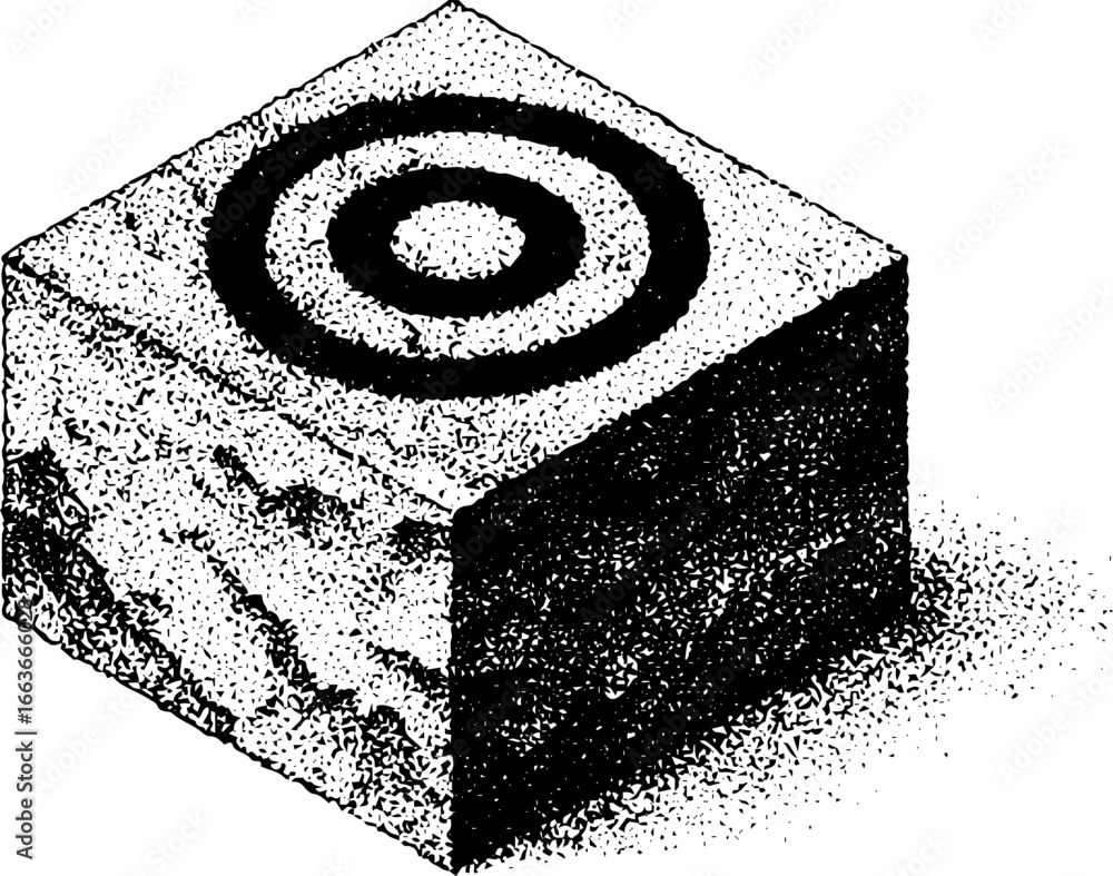 Poster Minimalist cube design with stipple dotwork and halftone texture effect