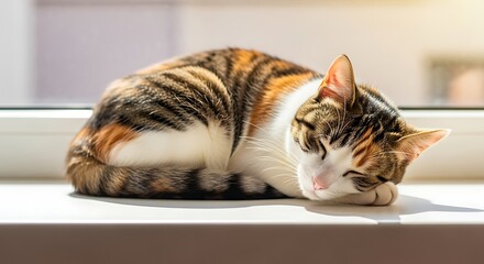 Sleepy Tricolor Cat Napping on Windowsill in Sunlight.
