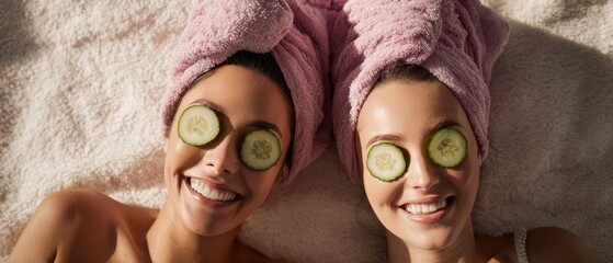 The joyful friends enjoying a spa day with cucumber slices on their eyes.