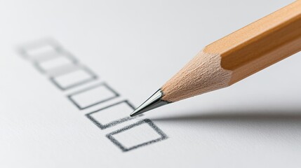 Minimalist white surface with a pencil placed diagonally across a tiny notepad showing one checked box, representing calm satisfaction and gentle accountability 