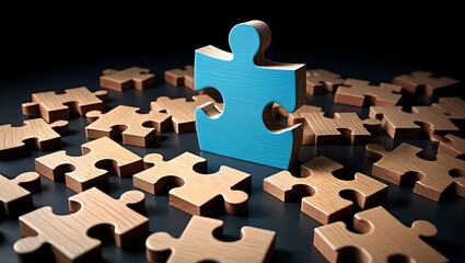 Unique blue puzzle piece standing out from scattered wooden pieces on dark background