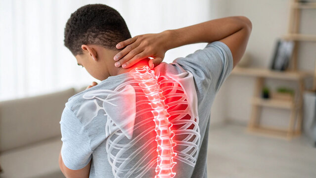 Young man with neck and back pain, highlighted skeleton. Health problems, pain, discomfort concept