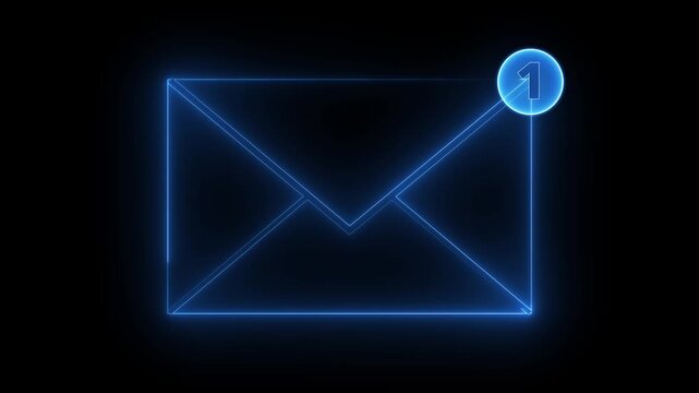 Glowing neon message box icon animation video notice receive massage animated sign symbol. Message mail box, 4k. Pulsing Neon Blue mail Box Animation: Glowing Mail Inbox Icon on black background.