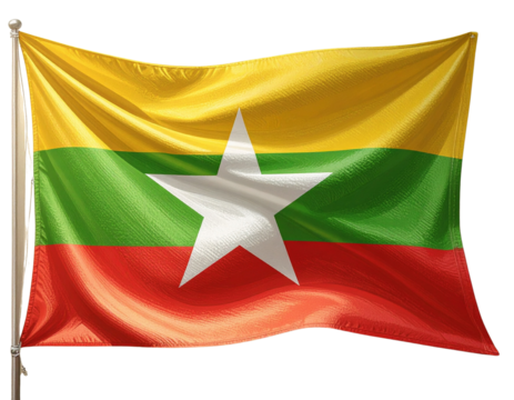  Myanmar Flag with Realistic Fabric Waves, Horizontal Layout, Isolated on Transparent Background