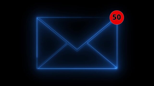 Glowing neon message box icon animation video notice receive massage animated sign symbol. Message mail box, 4k. Pulsing Neon Blue mail Box Animation: Glowing Mail Inbox Icon on black background.