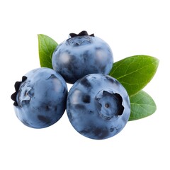 Obraz premium Three Blueberries with Green Leaves on White Background