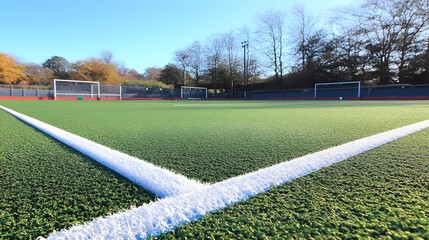 Fototapeta premium Astroturf Hockey Field Corner View, Green Grass, White Lines, Goal