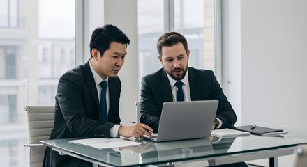 Obraz premium Team discussion with laptop at modern workplace