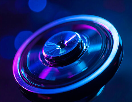 Spinning metallic fidget spinner with iridescent blue and purple lighting creating dramatic and vibrant bokeh background effect - Powered by Adobe