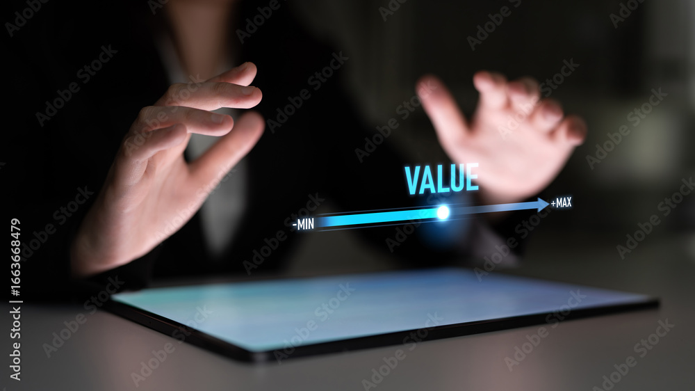 Aufkleber value measurement and adjustment concept showing value, performance, and optimization level with foc