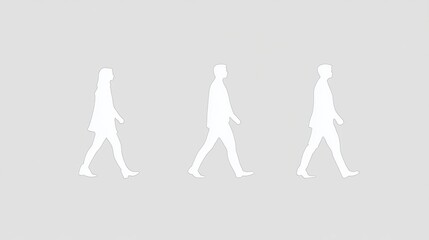 Three minimalistic white silhouettes representing walking people
