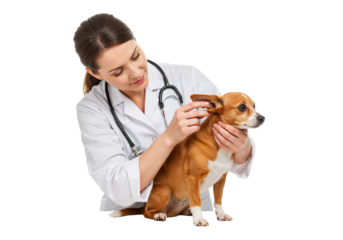 Professional female veterinarian gently examining a small dog's ear during a routine check-up to ensure pet health and wellness
