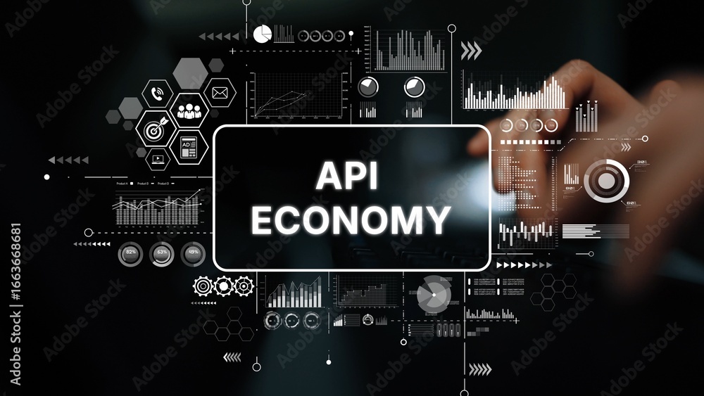 Poster digital representation of api economy with data visualization, charts, and graphs in modern technolo