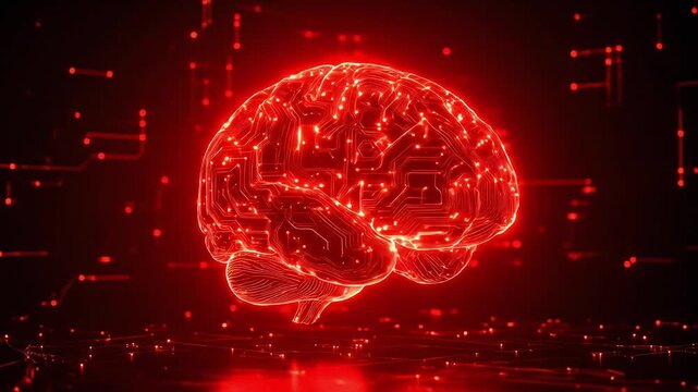 Glowing red digital brain graphic