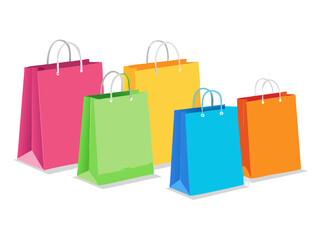 Shopping bags vector set. Empty paper bags with green and other colors isolated in white for shopping and market design elements. Vector illustration.icons
