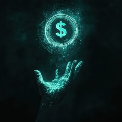 A glowing digital dollar symbol hovering above an open hand, representing financial technology and economic opportunity