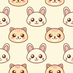 Seamless pattern with cute kawaii cat and bunny faces on beige background, perfect for textile design