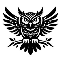 Obraz premium Black and white vector silhouette of a owl on a white background