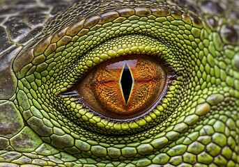 Close-up of Iguana Eye, Detailed Scales, Green Reptile.