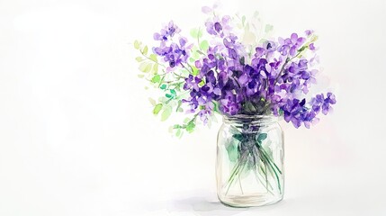 Watercolor painting of purple and green flowers in a glass jar, simple and colorful, on a white background.