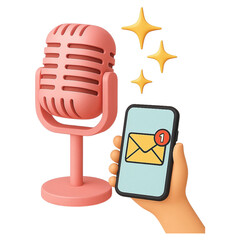 Retro Microphone and Smartphone Notification with Sparkles – Podcast and Messaging Concept PNG.3D. Design, podcast, microphone, smartphone, message notification, envelope icon, mobile communication,