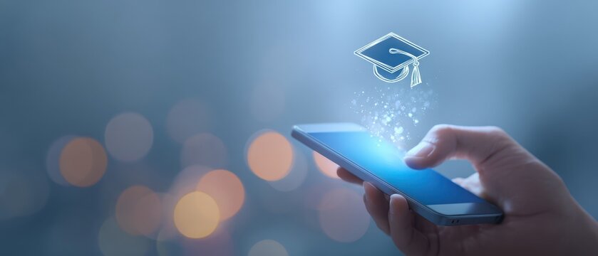 The smartphone displaying a graduation cap symbolizing digital education and achievement. - Powered by Adobe