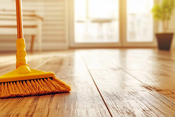 Close up of yellow broom with stiff bristles sweeping shiny wooden floor in bright sunlit living room interior with large window