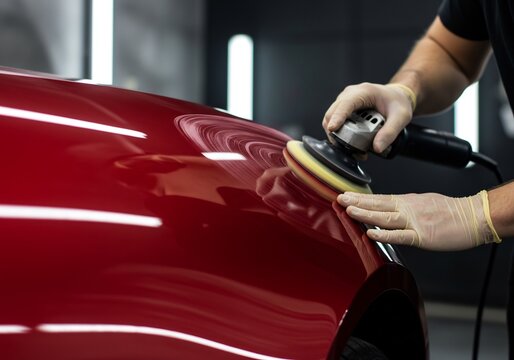 Professional auto detailer carefully polishing a vibrant red luxury car's paint surface to a brilliant shine