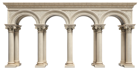 Five Connected Classical Arches with Ionic Columns and Intricate Carvings architecture isolated on a transparent background