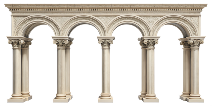 Five Connected Classical Arches with Ionic Columns and Intricate Carvings architecture isolated on a transparent background
