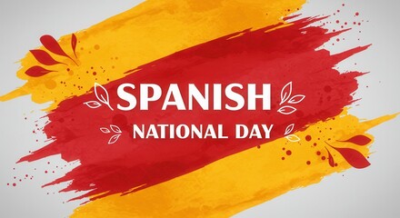 Spain National Day Banner with Red and Yellow Watercolor Brush Strokes