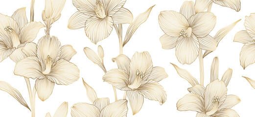 Luxury background with vintage lily flowers, buds and leaves seamless pattern. Hand drawn botanical elegant golden lily flower in line art style. Vector card, wedding invitation, wallpaper, cover
