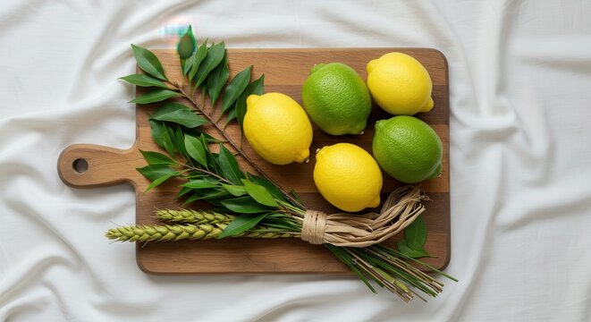 Sukkot Festival Flat Lay with Lemons, Greenery and Lulav on White Background 