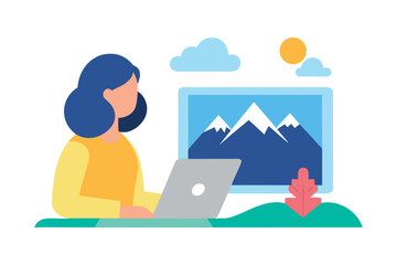 Woman working on a laptop with a mountain landscape on screen