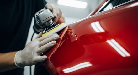 Professional car polishing and auto detailing expert meticulously enhances the brilliant red paint finish of a luxury vehicle
