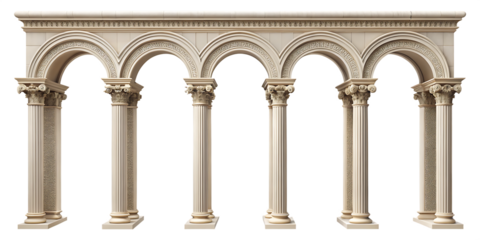 Five Connected Classical Arches with Ionic Columns and Detailed Carvings architecture isolated on a transparent background