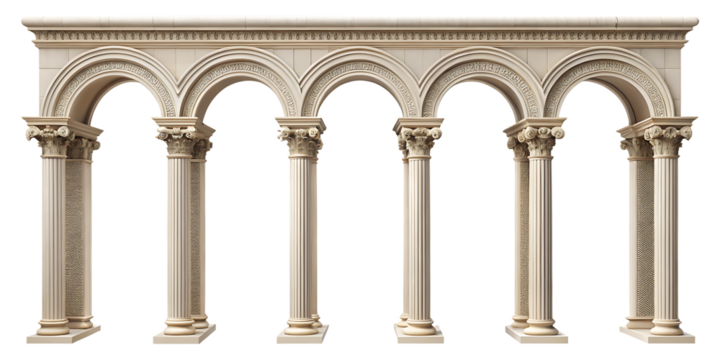 Five Connected Classical Arches with Ionic Columns and Detailed Carvings architecture isolated on a transparent background
