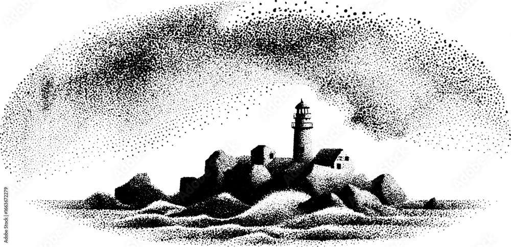 Poster stippling dotwork of a tiny island with lighthouse and ocean waves